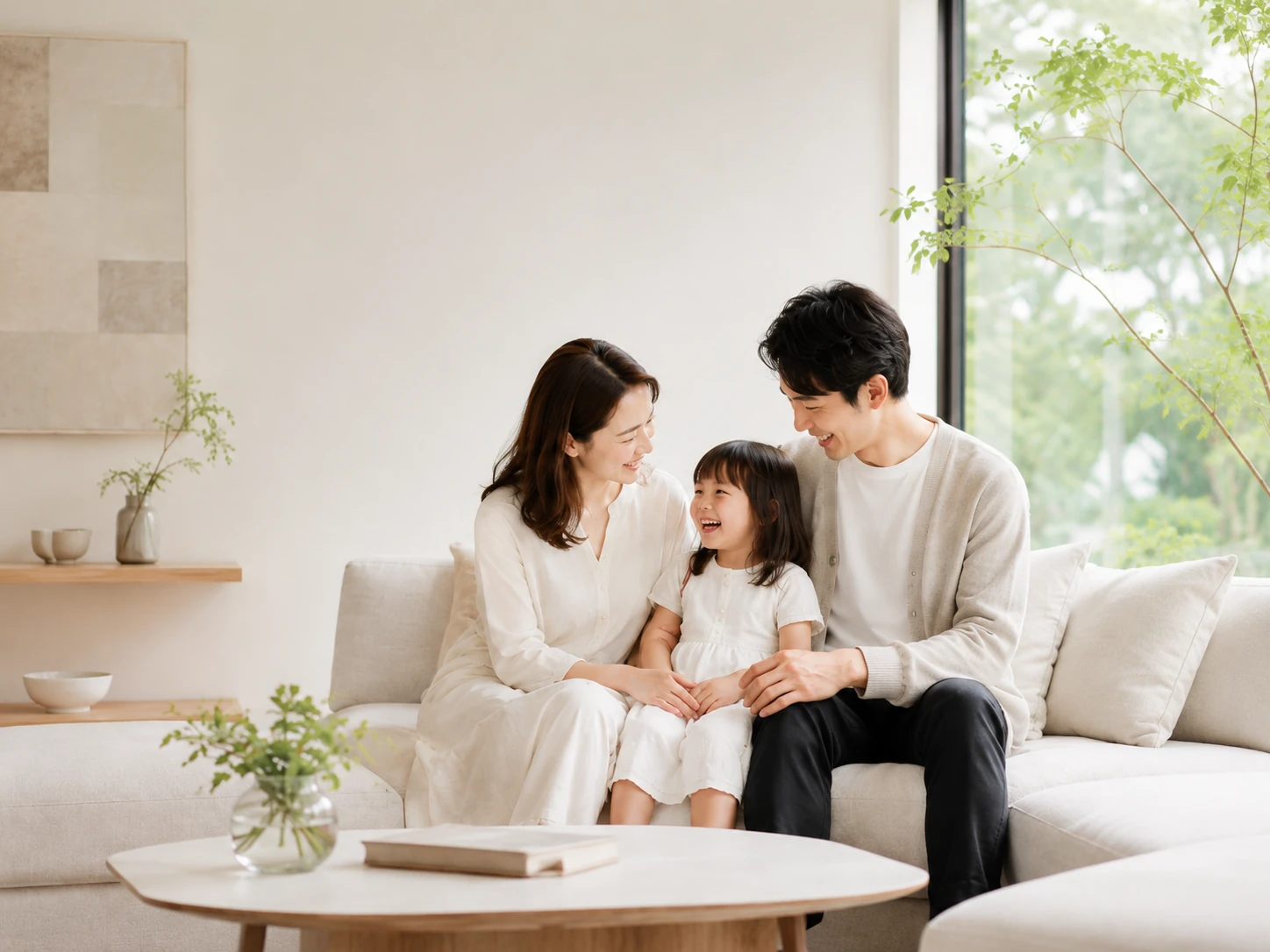 自然光の入る上質なリビングで笑顔で過ごす家族